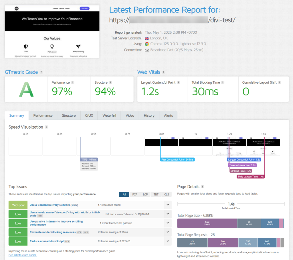 Divi moderate page GTmetrix