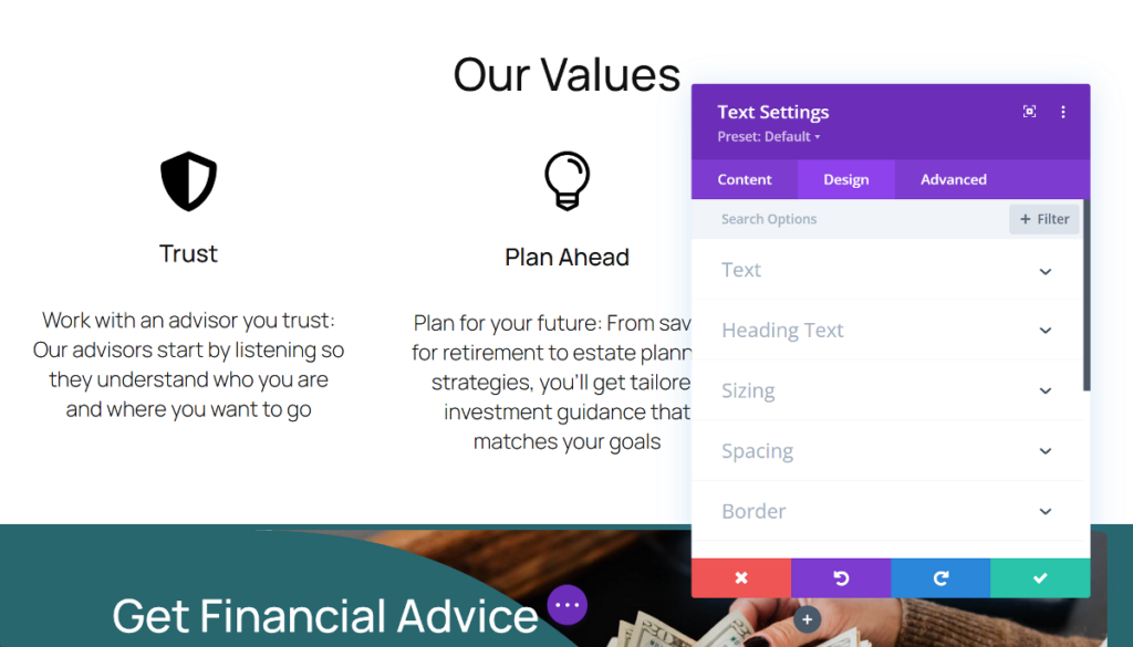 Divi module design tab