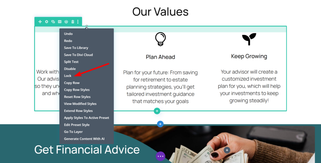 Divi module lock feature