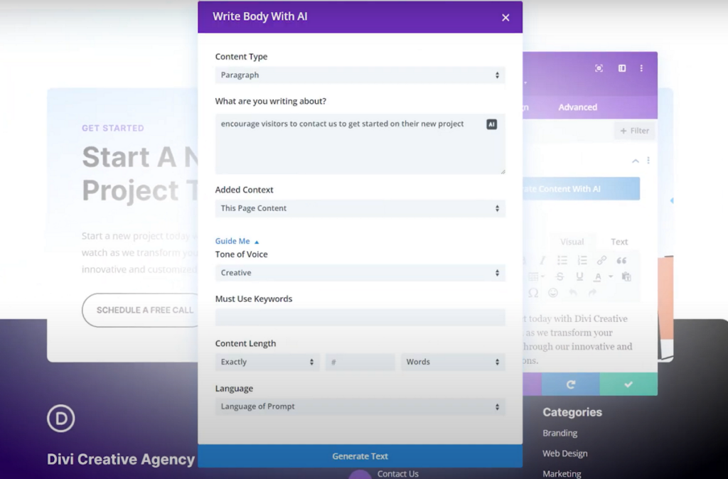 Divi text AI advanced options
