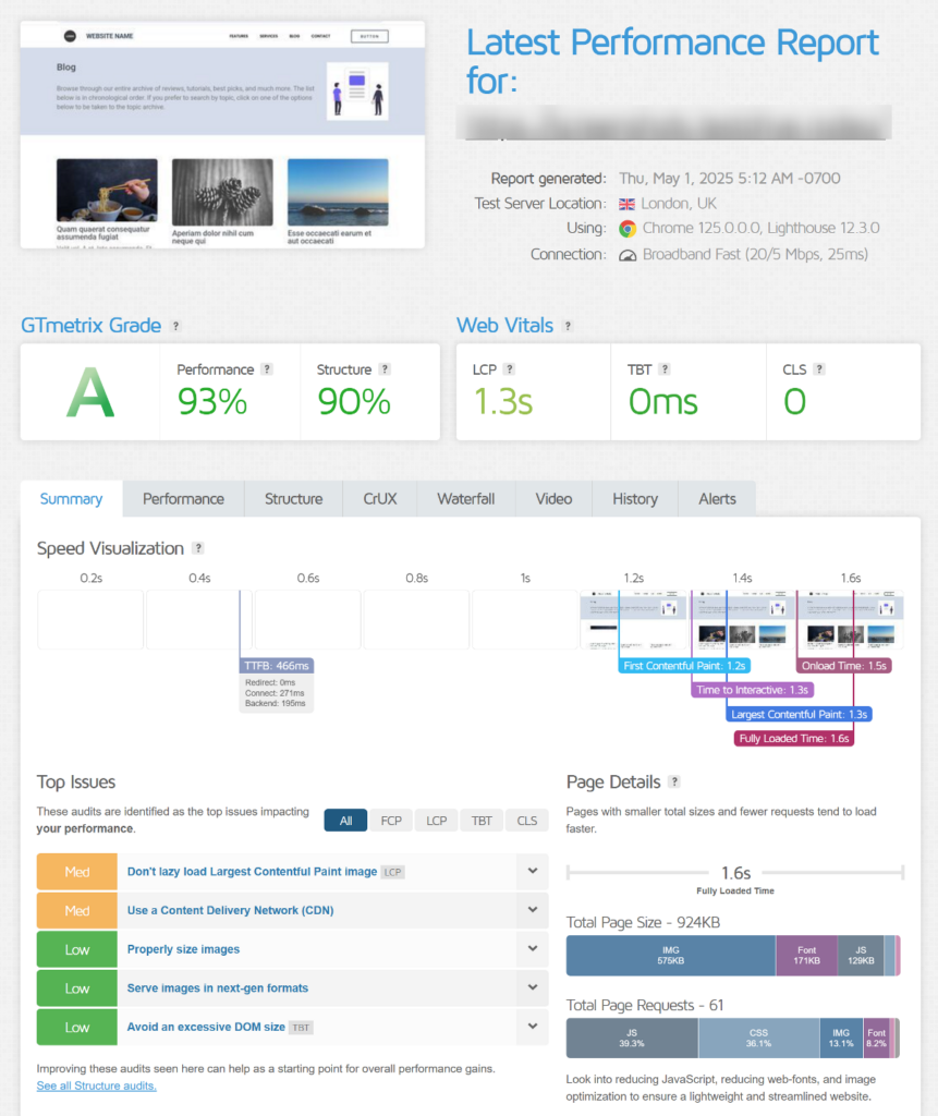 Elementor complex page GTmetrix
