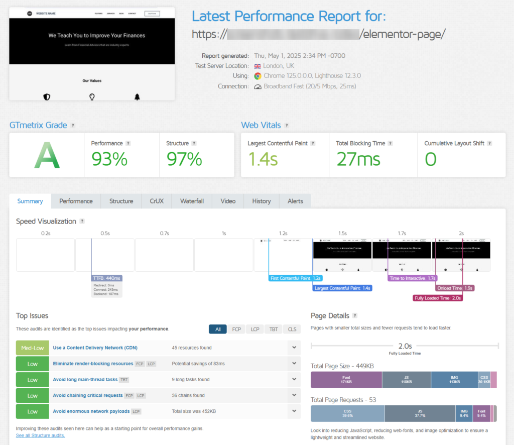 Elementor moderate GTmetrix