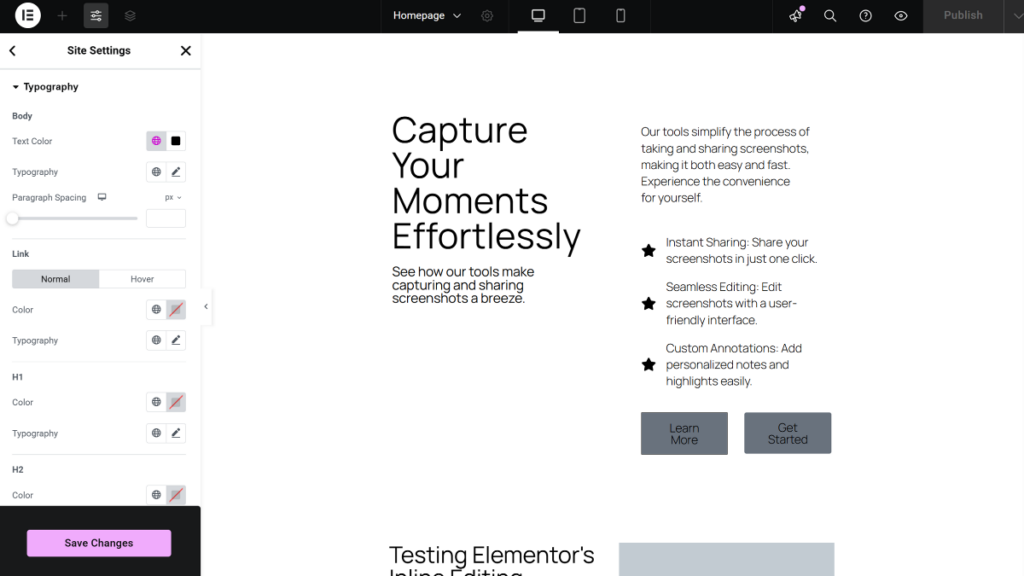 Elementor site settings