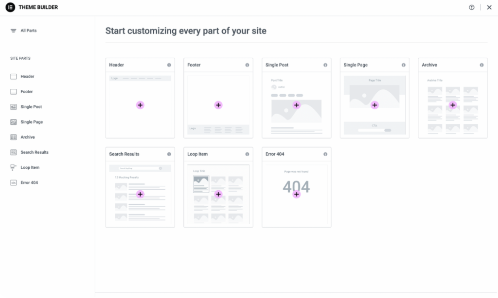 Elementor theme builder template types list