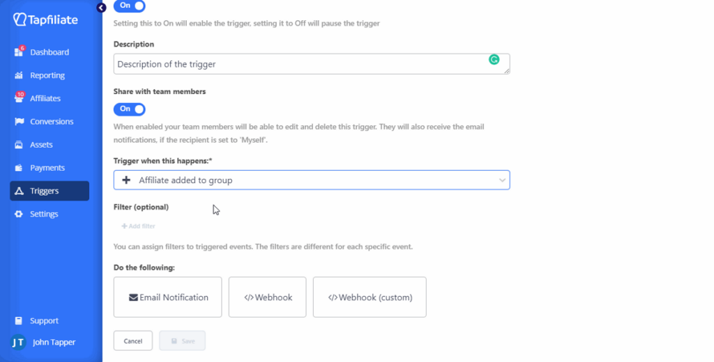 email triggers in tapfiliate
