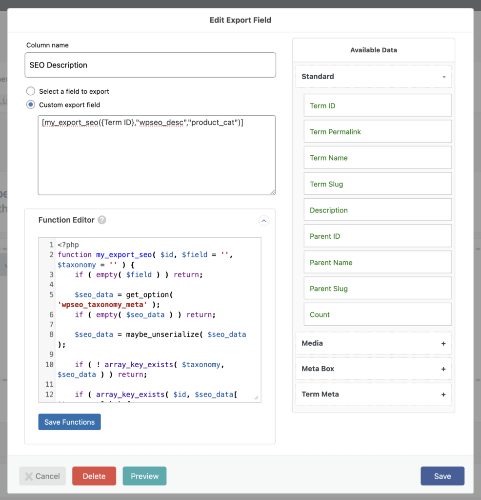 Export SEO Description Example