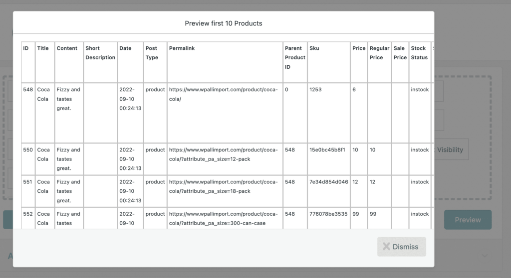 Export Variable Products Preview