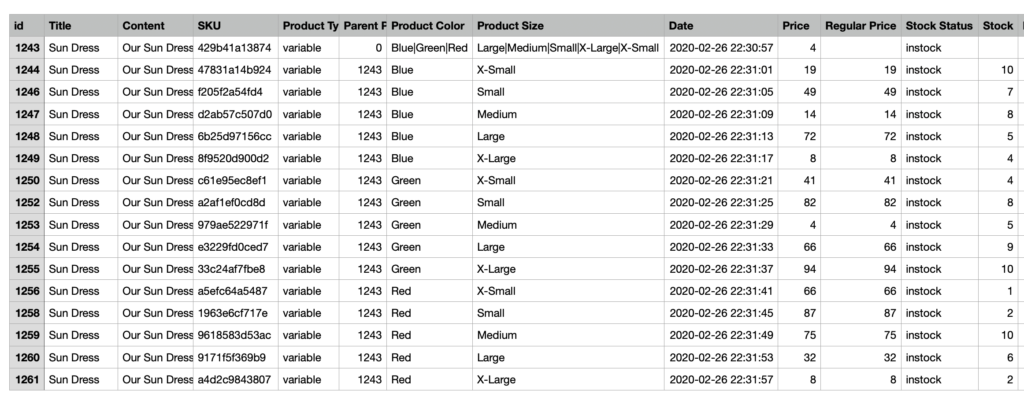 Sample Product Export