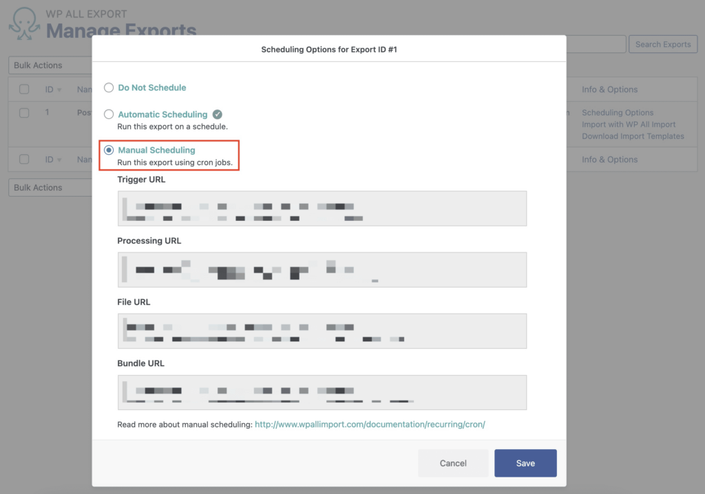 Exports Manual Cron Job Manage Exports Scheduling Options Opened