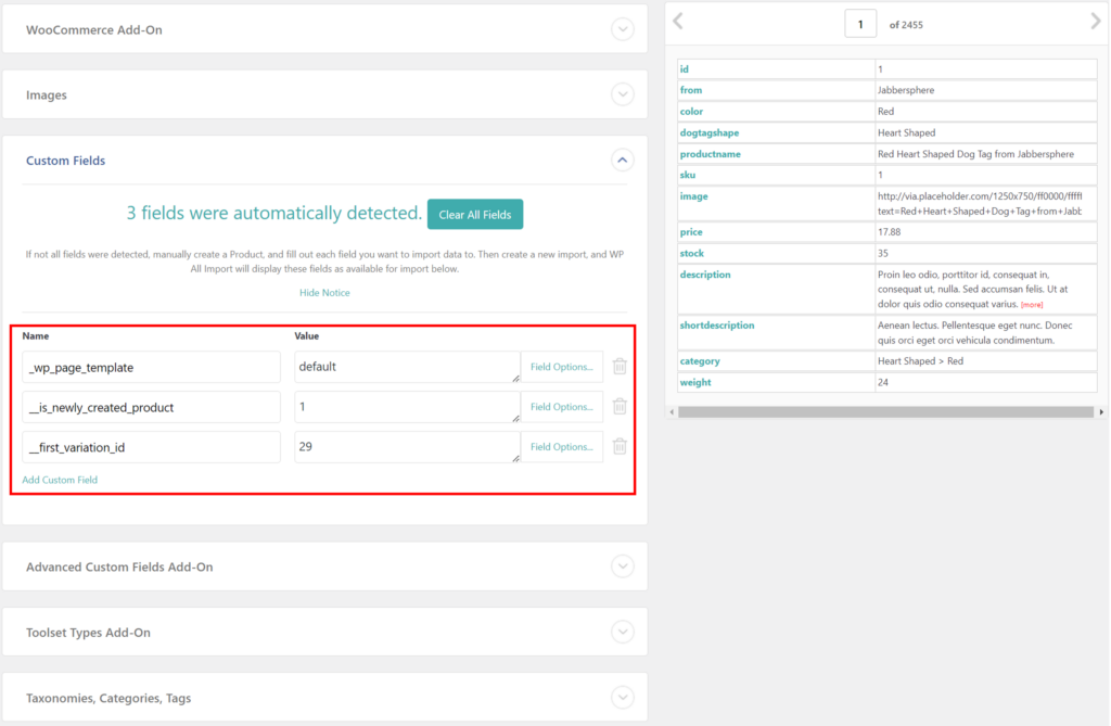 Import Custom Fields to WooCommerce Products - Detected Fields