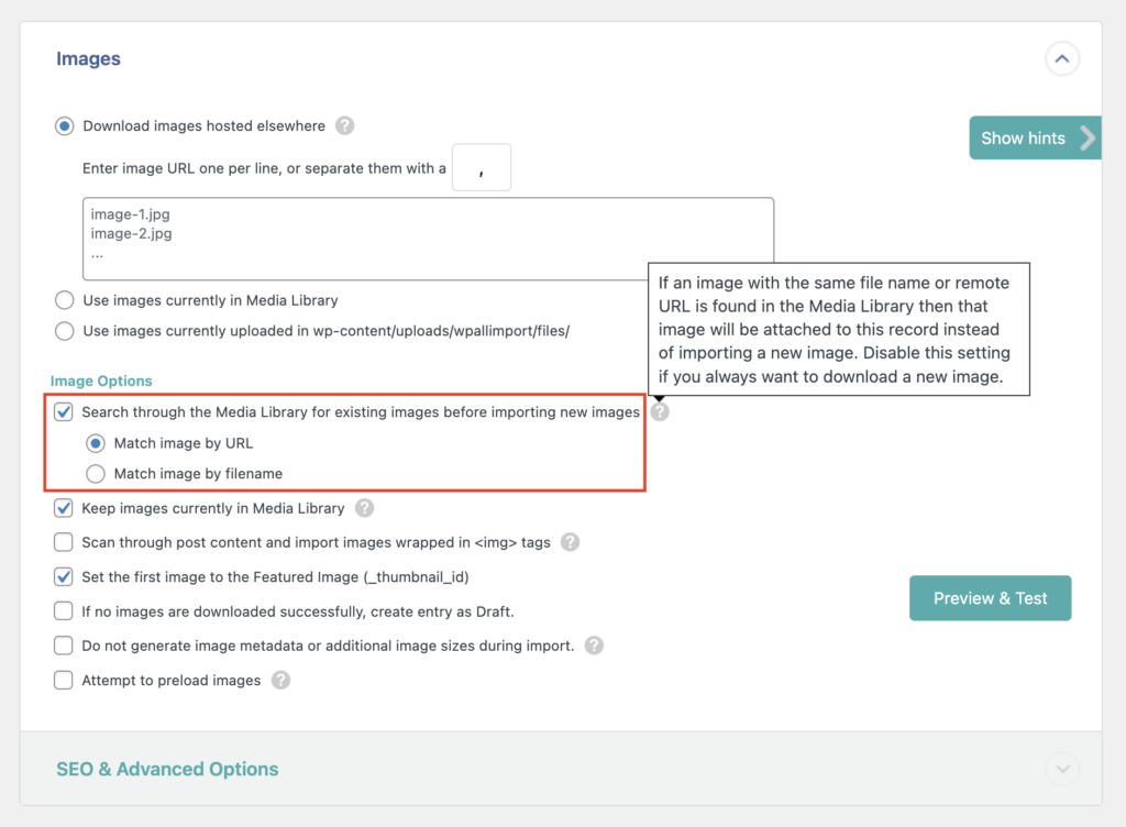 Image Options Search Through the Media Library Existing Images