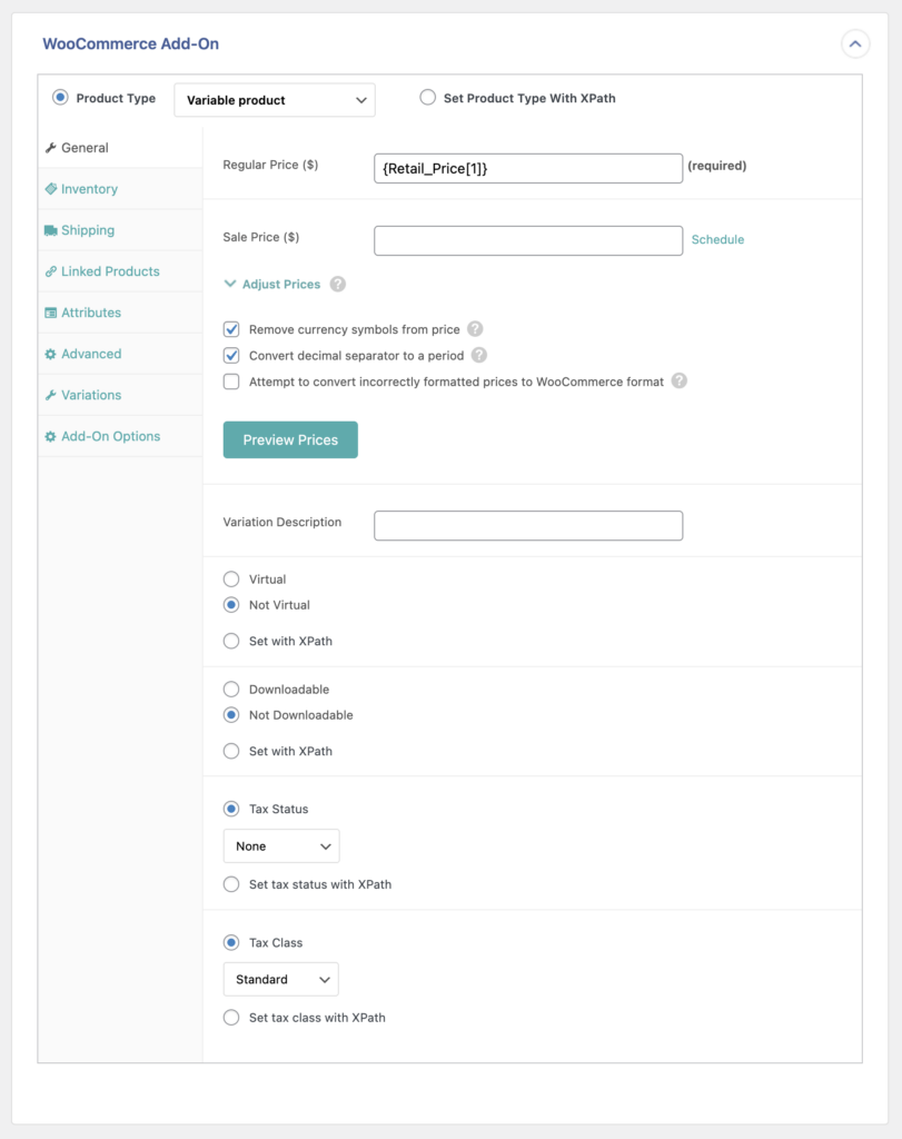 Import Variable Products General Tab WooCommerce Add-On