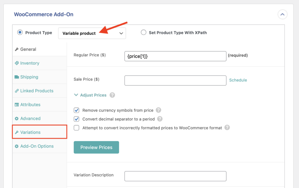 Import WooCommerce Products Variable Product