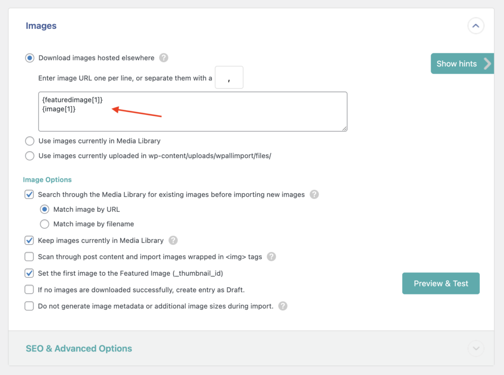 Import WordPress Posts with Images Images Section and Options