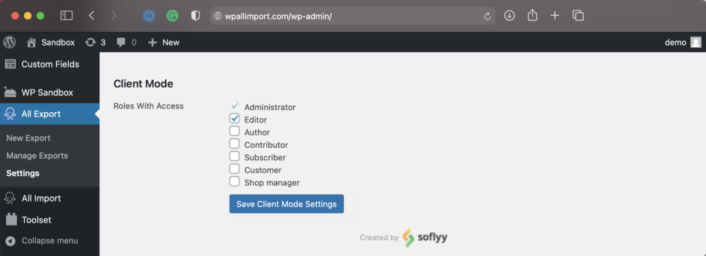 Roles With Client Mode Access WP All Export