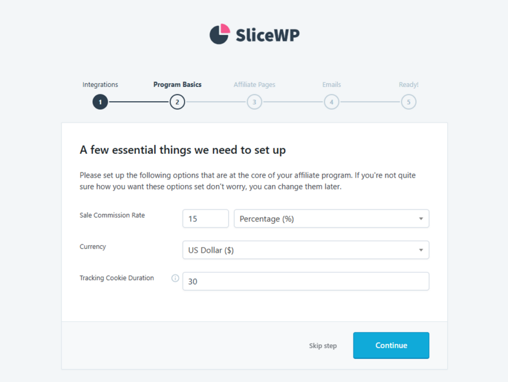 SliceWP basic settings configuration