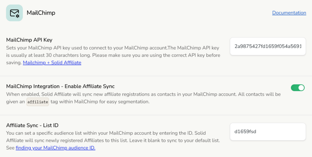 Solid affiliate Mailchimp integration
