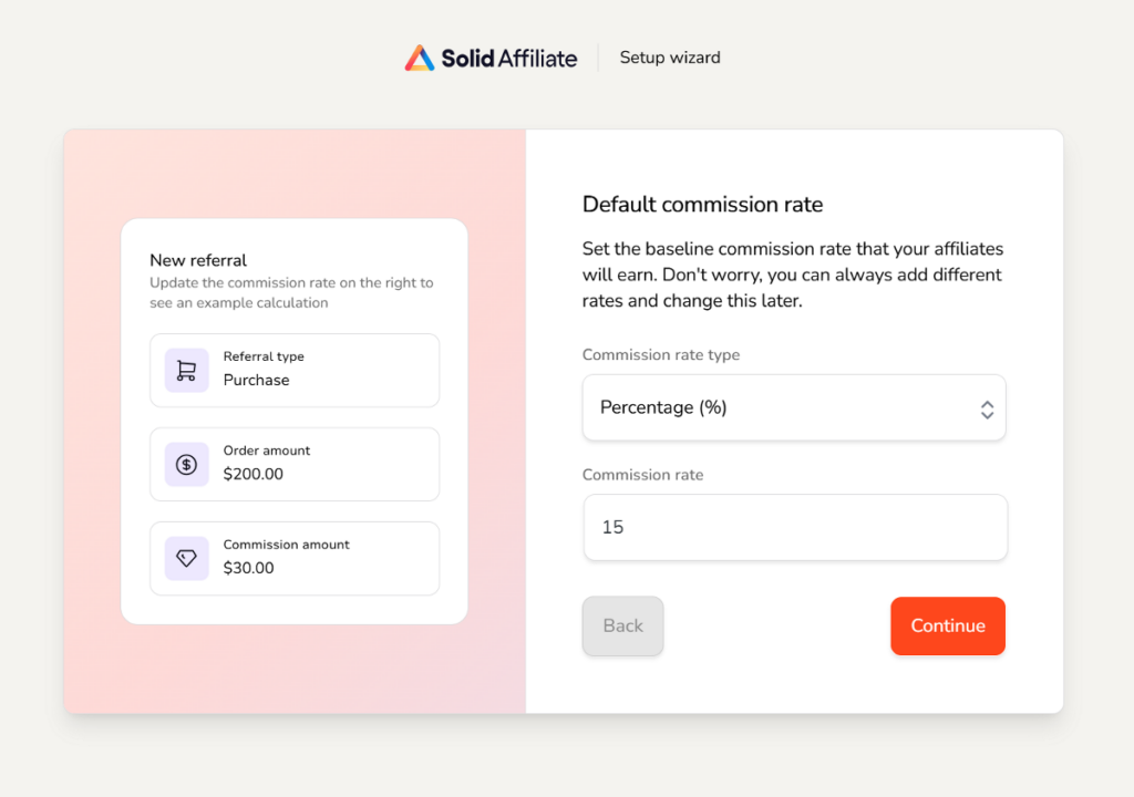 solid affiliate setup default commission