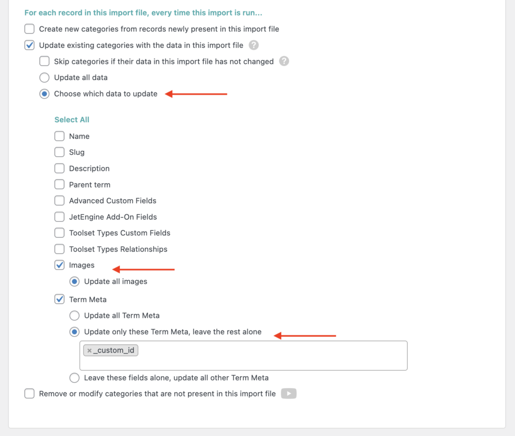 Taxonomy Meta and Images Define What Data to Update