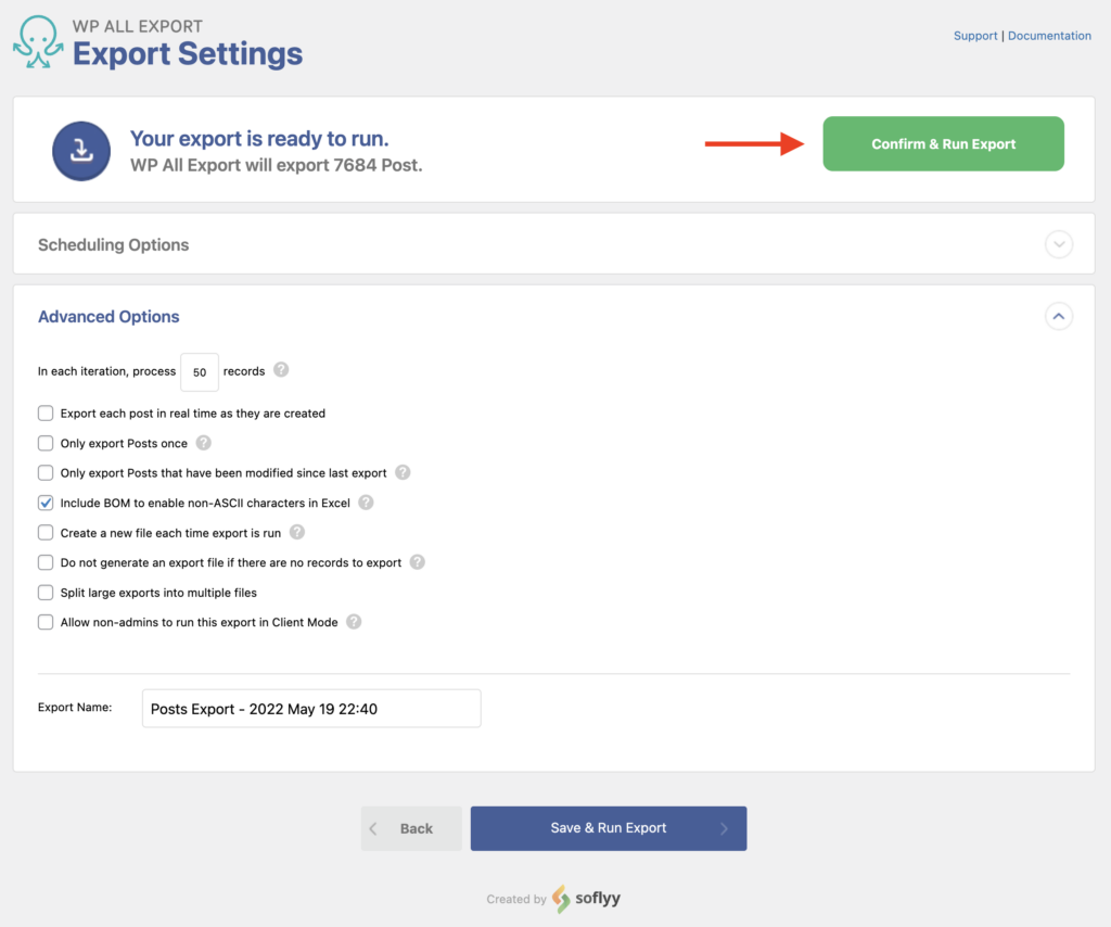 WordPress Export Confirm Settings and Run Export