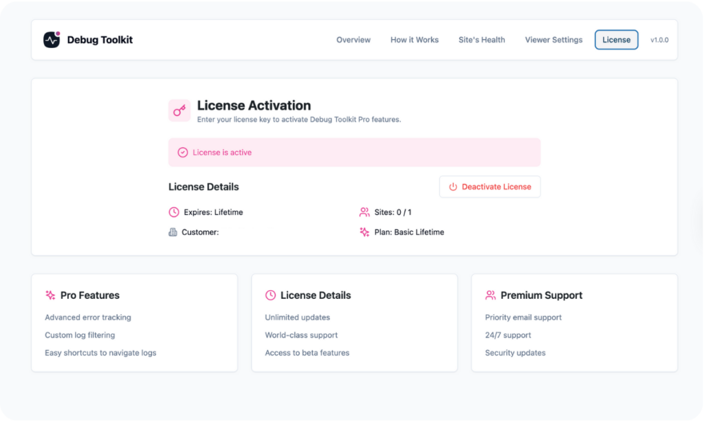 WP Debug Toolkit License Activation for WordPress Error Logs